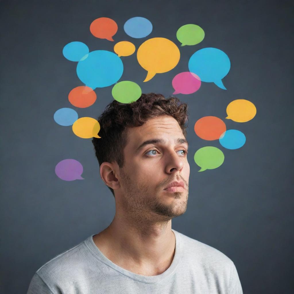 Render a person deep in thought, considering multiple possible outcomes. Around their head, imagine thought bubbles each containing a different outcome symbol, representing the diversity of their thought process.