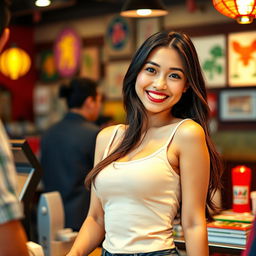 A beautiful Chinese woman wearing a tank top that accentuates her figure, standing at the cashier in a restaurant