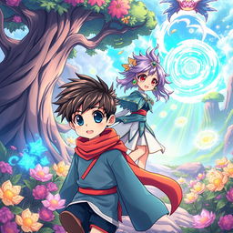 A young boy being saved and guided into a completely different world that connects with other realms, depicted in a vibrant anime style