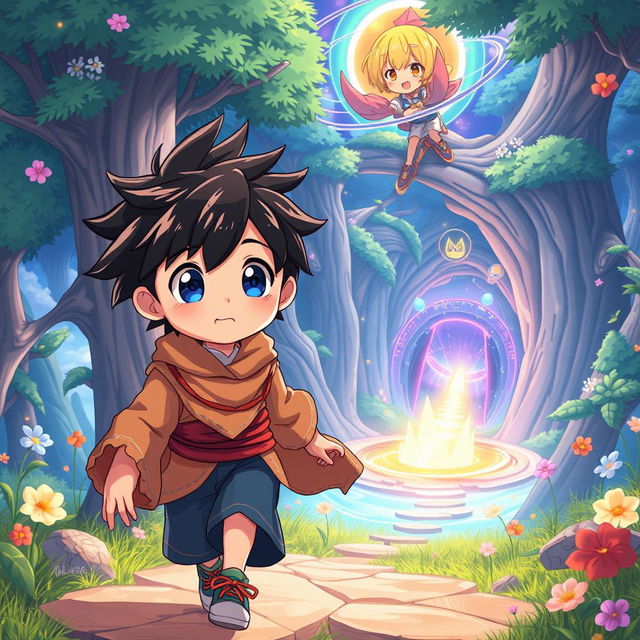 A young boy being saved and guided into a completely different world that connects with other realms, depicted in a vibrant anime style