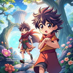 A young boy being saved and guided into a completely different world that connects with other realms, depicted in a vibrant anime style