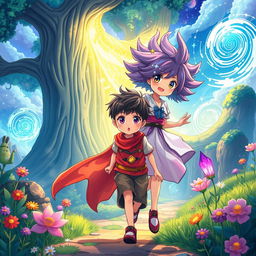 A young boy being saved and guided into a completely different world that connects with other realms, depicted in a vibrant anime style