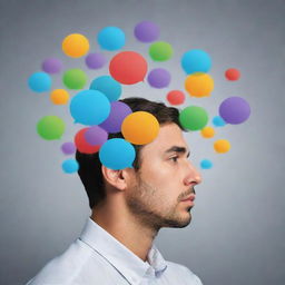 Render a person deep in thought, considering multiple possible outcomes. Around their head, imagine thought bubbles each containing a different outcome symbol, representing the diversity of their thought process.