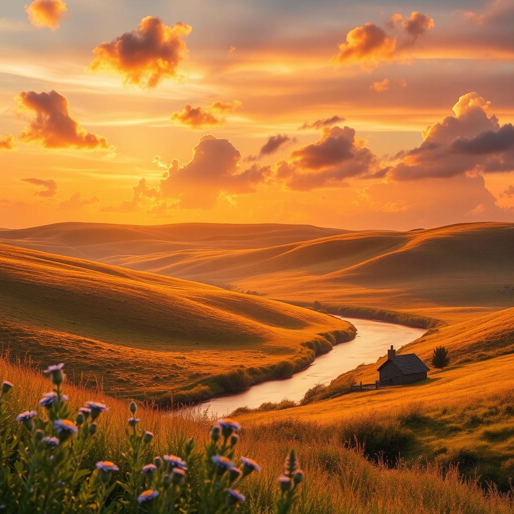 A dreamy landscape featuring rolling hills bathed in soft, golden sunlight during sunset