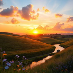 A dreamy landscape featuring rolling hills bathed in soft, golden sunlight during sunset