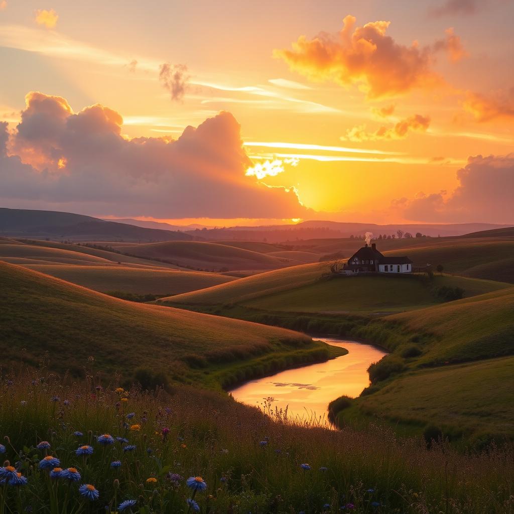 A dreamy landscape featuring rolling hills bathed in soft, golden sunlight during sunset