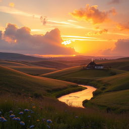 A dreamy landscape featuring rolling hills bathed in soft, golden sunlight during sunset