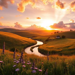 A dreamy landscape featuring rolling hills bathed in soft, golden sunlight during sunset