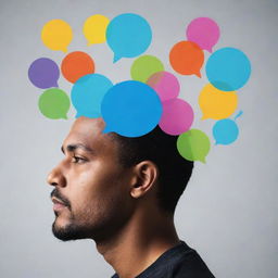 Render a person deep in thought, considering multiple possible outcomes. Around their head, imagine thought bubbles each containing a different outcome symbol, representing the diversity of their thought process.