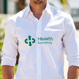 A stylish white shirt featuring a prominent green and white logo of the health surveillance agency