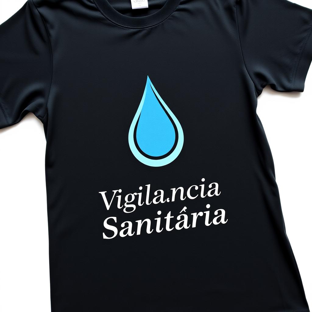 A black shirt featuring a prominent water droplet symbol in the center, elegantly designed, with the words 'Vigilância Sanitária' in stylish, bold font below the symbol