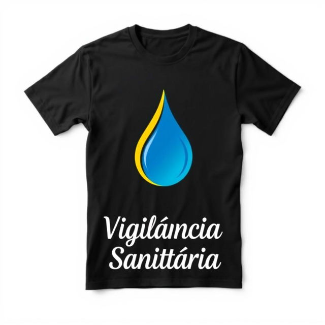 A black shirt featuring a prominent water droplet symbol in the center, elegantly designed, with the words 'Vigilância Sanitária' in stylish, bold font below the symbol