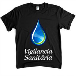 A black shirt featuring a prominent water droplet symbol in the center, elegantly designed, with the words 'Vigilância Sanitária' in stylish, bold font below the symbol