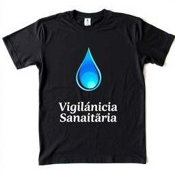 A black shirt featuring a prominent water droplet symbol in the center, elegantly designed, with the words 'Vigilância Sanitária' in stylish, bold font below the symbol