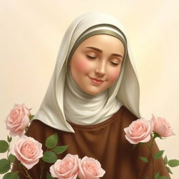 A serene and graceful portrait of Saint Therese of Lisieux, also known as 'The Little Flower'