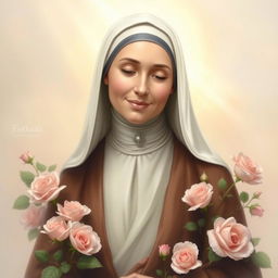 A serene and graceful portrait of Saint Therese of Lisieux, also known as 'The Little Flower'