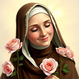 A serene and graceful portrait of Saint Therese of Lisieux, also known as 'The Little Flower'