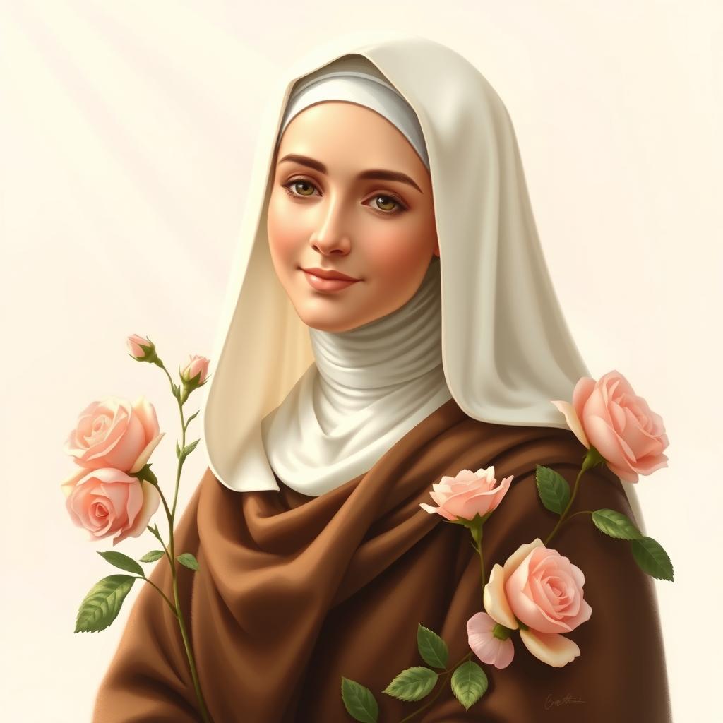 A serene and graceful portrait of Saint Therese of Lisieux, also known as 'The Little Flower'