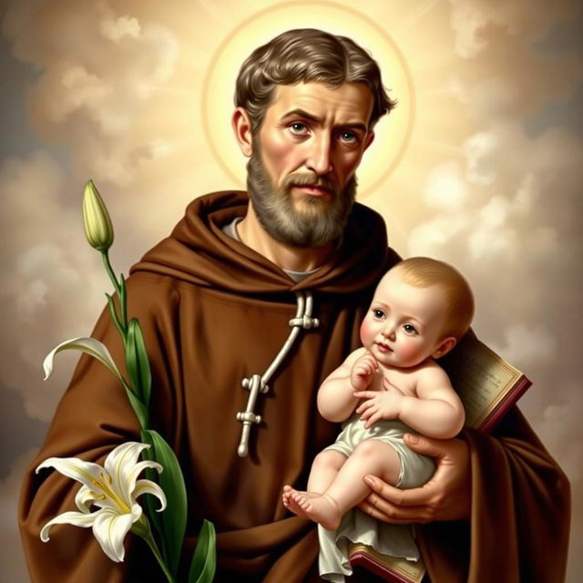 A detailed and reverent portrait of Saint Anthony of Padua, depicted in his traditional Franciscan habit, which includes a brown robe and a white cord