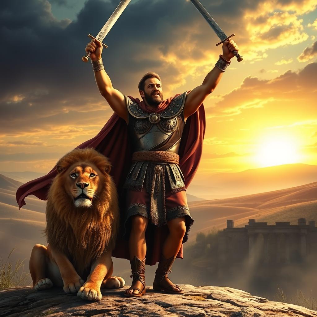 A brave warrior celebrating a victory in a biblical style, standing proudly alongside a majestic lion