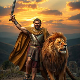 A brave warrior celebrating a victory in a biblical style, standing proudly alongside a majestic lion