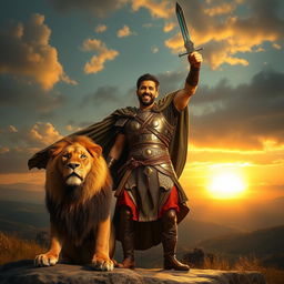 A brave warrior celebrating a victory in a biblical style, standing proudly alongside a majestic lion