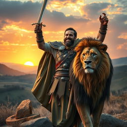 A brave warrior celebrating a victory in a biblical style, standing proudly alongside a majestic lion