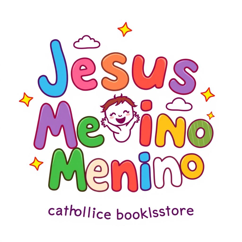 A whimsical and colorful logo for a children's Catholic bookstore named 'Jesus Menino'