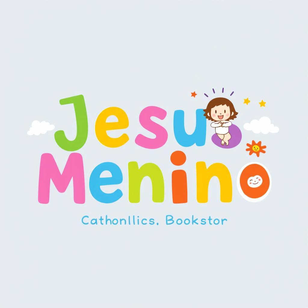 A whimsical and colorful logo for a children's Catholic bookstore named 'Jesus Menino'