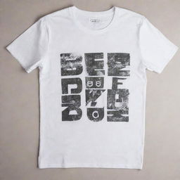 A grungy white t-shirt with the text 'B L D Z' printed boldly across its front. The shirt is decorated with a variety of contrasting designs against the dirty white background.