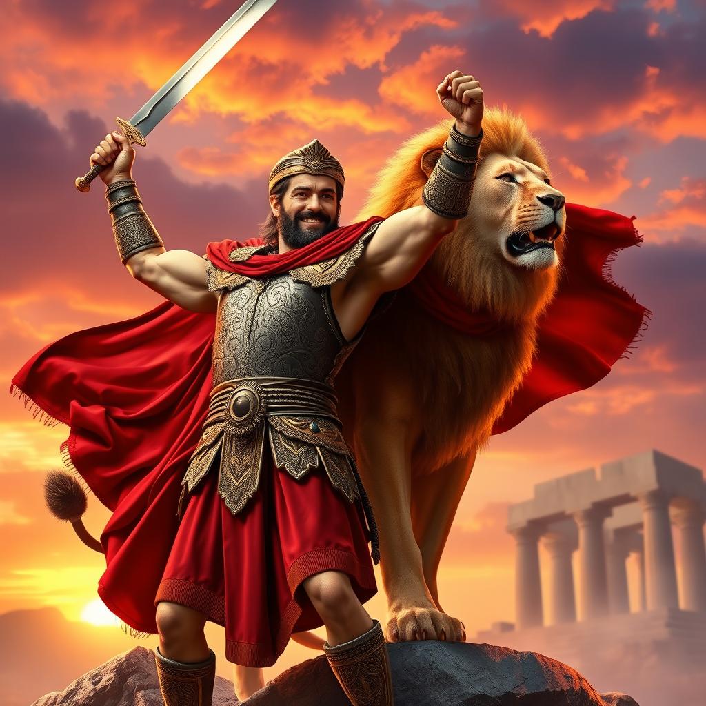 A brave warrior celebrating a victory in a biblical style, standing powerfully alongside a majestic lion, designed for an exciting book cover