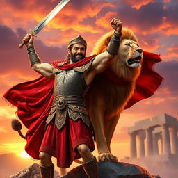 A brave warrior celebrating a victory in a biblical style, standing powerfully alongside a majestic lion, designed for an exciting book cover