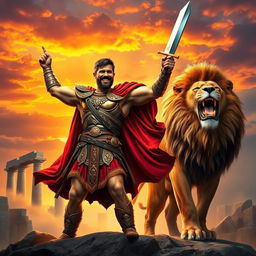 A brave warrior celebrating a victory in a biblical style, standing powerfully alongside a majestic lion, designed for an exciting book cover