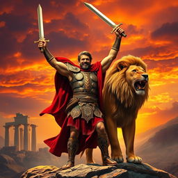 A brave warrior celebrating a victory in a biblical style, standing powerfully alongside a majestic lion, designed for an exciting book cover