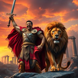 A brave warrior celebrating a victory in a biblical style, standing powerfully alongside a majestic lion, designed for an exciting book cover