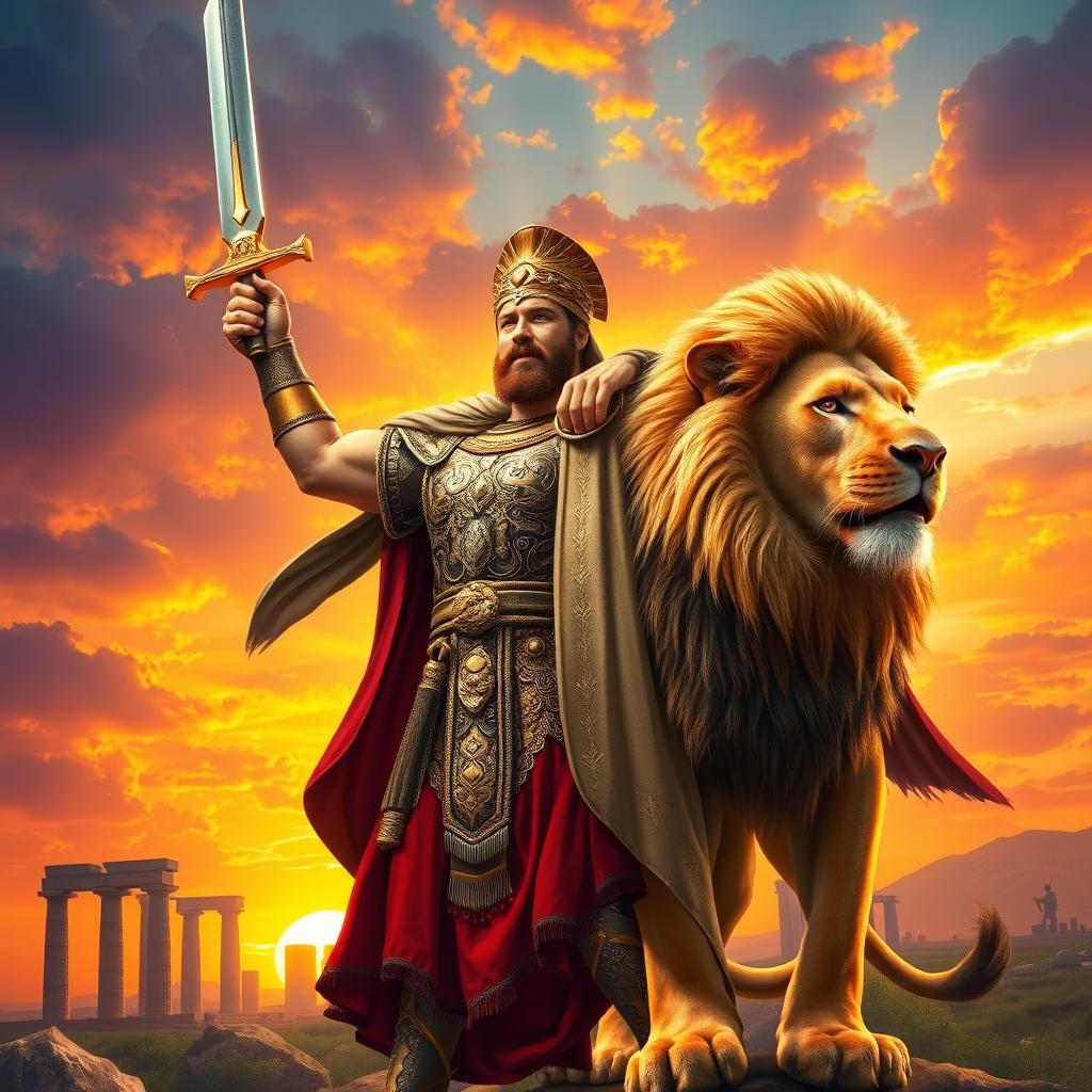 A brave warrior celebrating a victory in a biblical style, standing triumphantly alongside a majestic lion, perfectly designed for an eye-catching book cover that sells