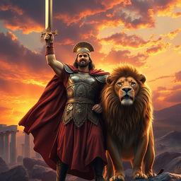 A brave warrior celebrating a victory in a biblical style, standing triumphantly alongside a majestic lion, perfectly designed for an eye-catching book cover that sells