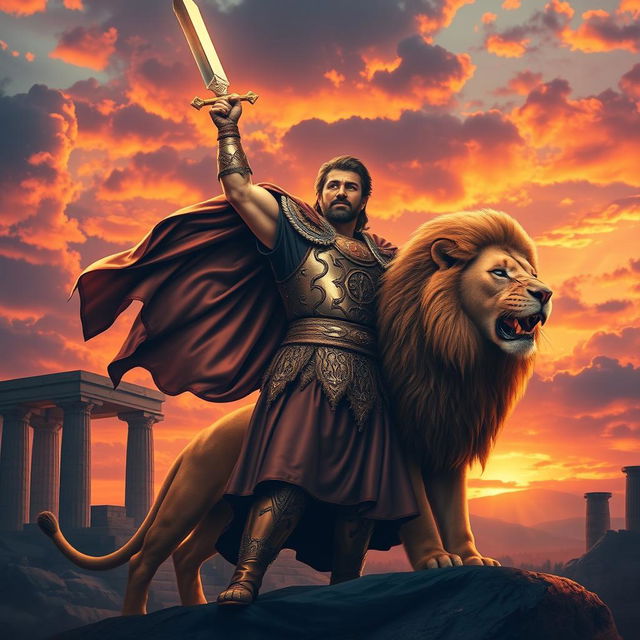 A brave warrior celebrating a victory in a biblical style, standing triumphantly alongside a majestic lion, perfectly designed for an eye-catching book cover that sells