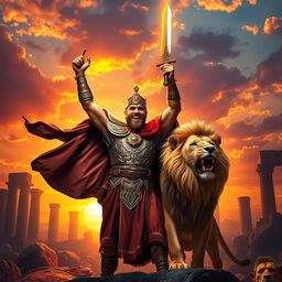 A brave warrior celebrating a victory in a biblical style, standing triumphantly alongside a majestic lion, perfectly designed for an eye-catching book cover that sells