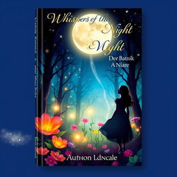 Book cover design featuring a mystical forest with vibrant, oversized flowers and enchanting, glowing plants under a starlit sky