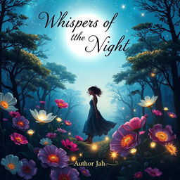 Book cover design featuring a mystical forest with vibrant, oversized flowers and enchanting, glowing plants under a starlit sky