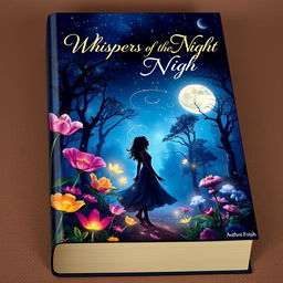 Book cover design featuring a mystical forest with vibrant, oversized flowers and enchanting, glowing plants under a starlit sky