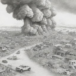 Design an easy-to-draw editorial cartoon that visually communicates the current concerns associated with man-made disasters.