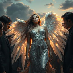 A poignant scene depicting a fallen woman angel with ethereal wings, featuring radiant white feathers gently cascading around her