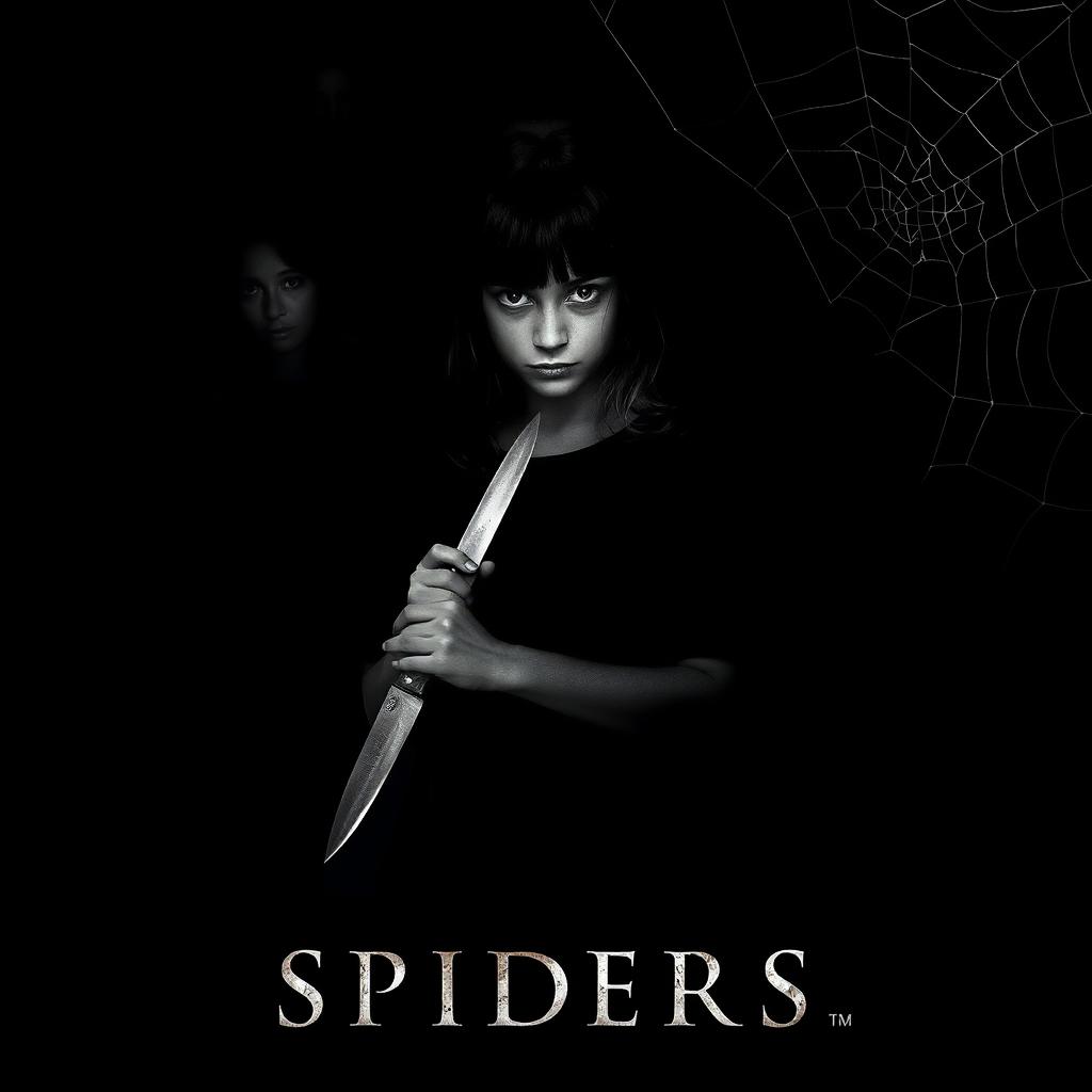 A dark movie poster featuring a girl with dark hair resembling Ana de Armas, holding a knife, with an ominous expression