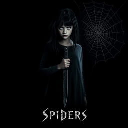 A dark movie poster featuring a girl with dark hair resembling Ana de Armas, holding a knife, with an ominous expression