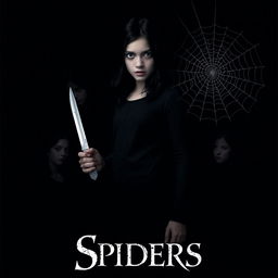 A dark movie poster featuring a girl with dark hair resembling Ana de Armas, holding a knife, with an ominous expression