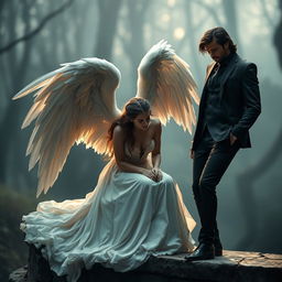 A dramatic scene depicting a fallen angel, with beautiful, flowing wings, her elegant gown tattered and ethereal, showcasing a haunting beauty