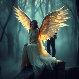 A dramatic scene depicting a fallen angel, with beautiful, flowing wings, her elegant gown tattered and ethereal, showcasing a haunting beauty