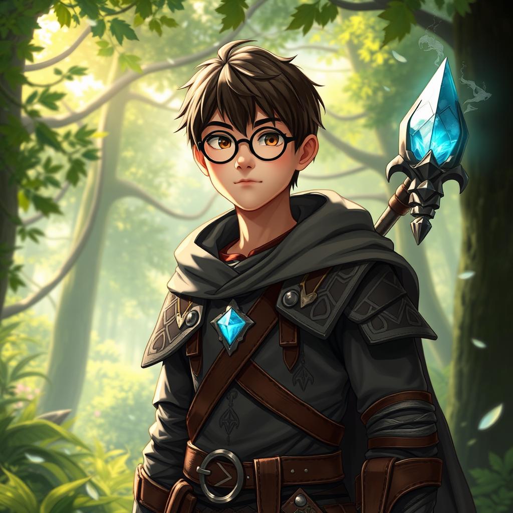 A young Asian male character with tanned skin, straight hair, and round glasses, dressed in fantasy attire inspired by Dungeons & Dragons